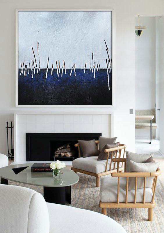 Large Contemporary Art Acrylic Painting,Oversized Abstract Landscape Painting,Artwork For Sale,White,Dark Blue,Black.etc
